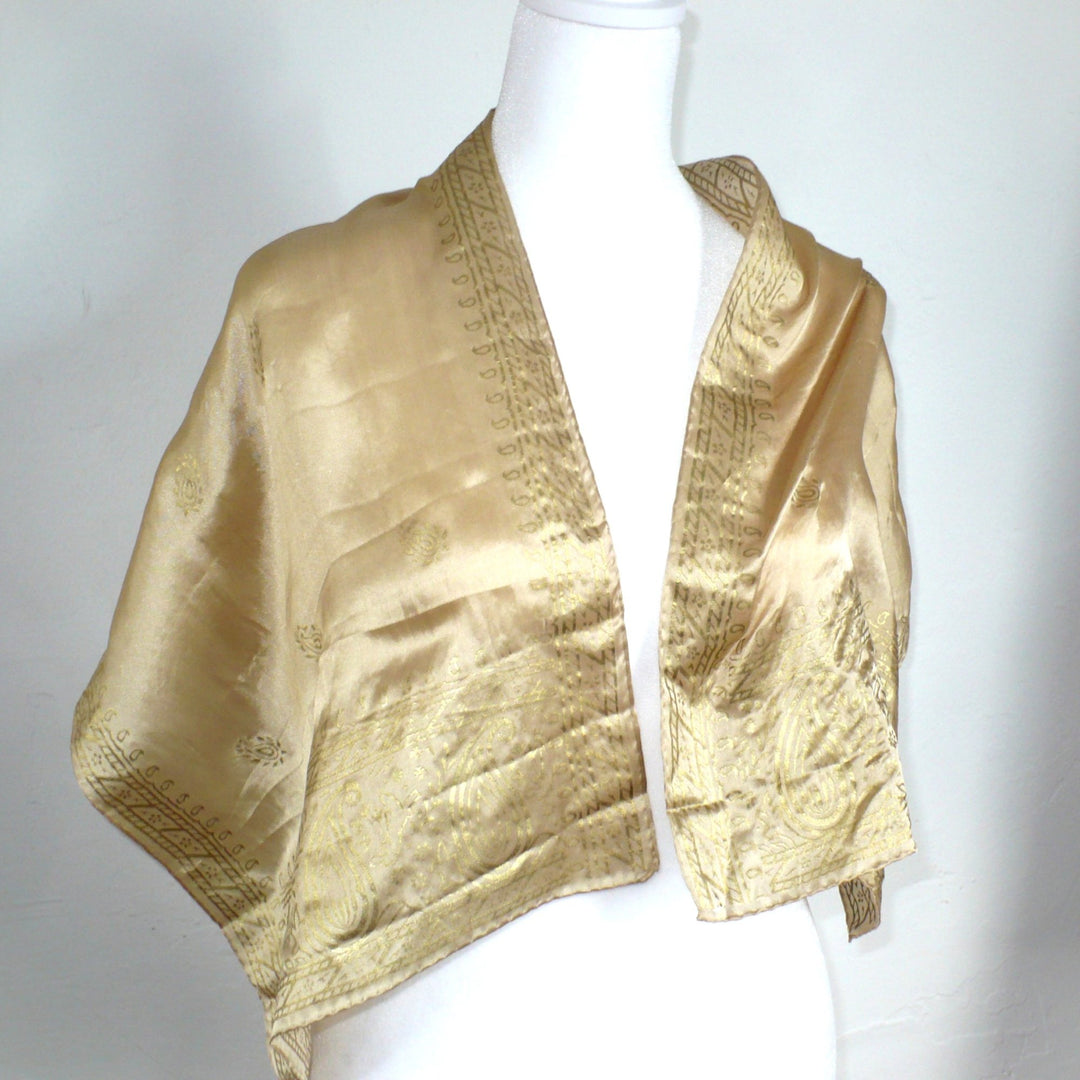 1960s Vintage Gold Embossed Paisley Silk Scarf.