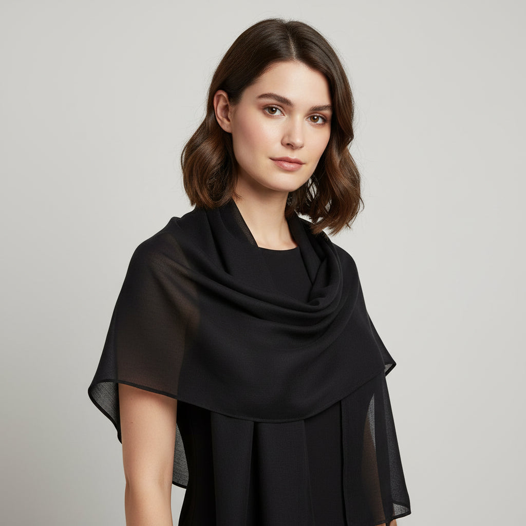 Woman wearing a black scarf against a plain background