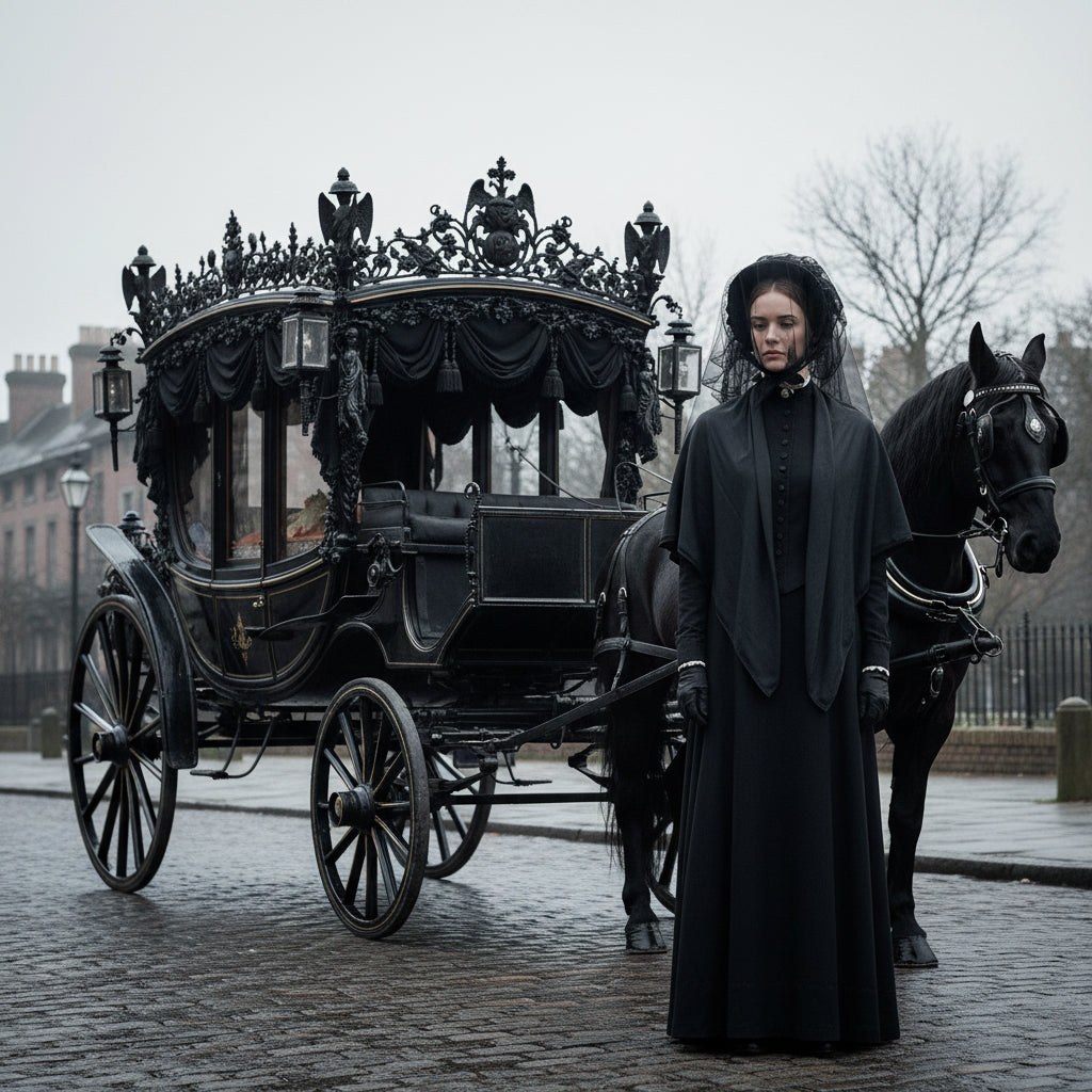 Woman in a dark coat standing next to a black horse-drawn hearse on a foggy street.