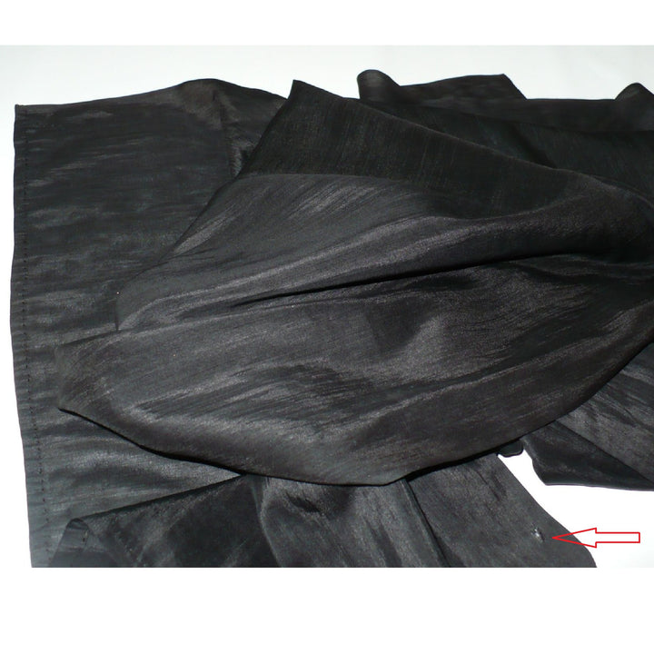 Victorian polished cotton black mourning scarf shawl displayed to show the scale of the small flaw at the corner, red arrow points to the flaw.