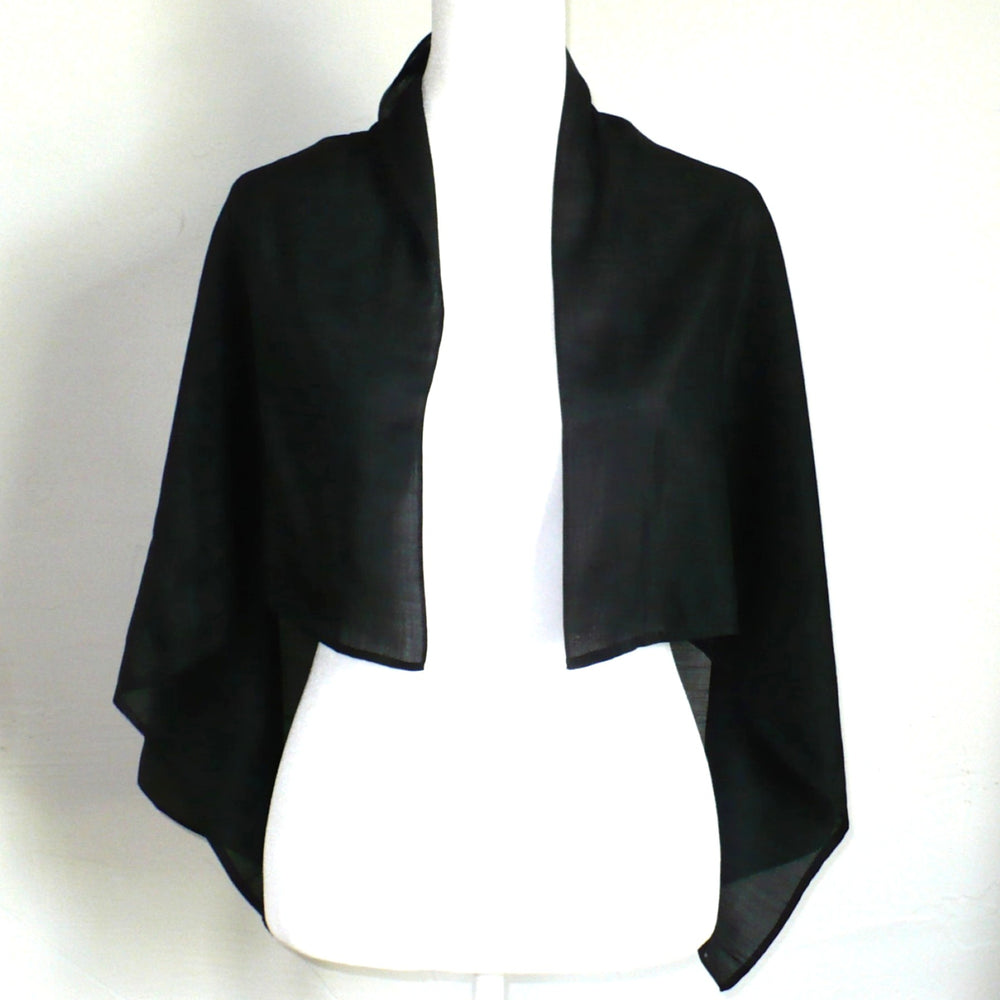 Victorian polished cotton black mourning scarf shawl displayed on dress form.