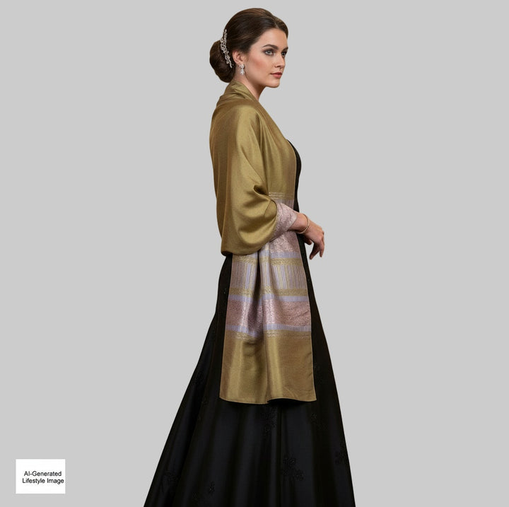 1960s Vintage Golden Siam Silk Scarf or Shawl displayed on Ai generated model for styling inspiration.
