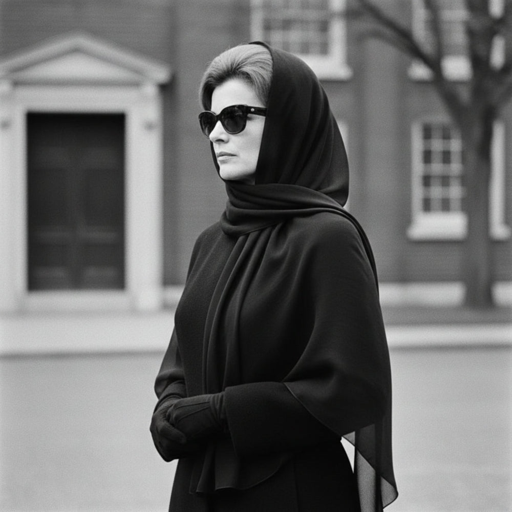 Black and white photo of a woman wearing a mourning scarf and sunglasses in front of a building.