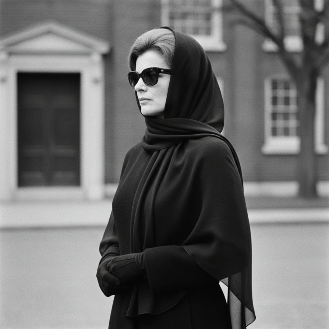 Black and white photo of a woman wearing a mourning scarf and sunglasses in front of a building.
