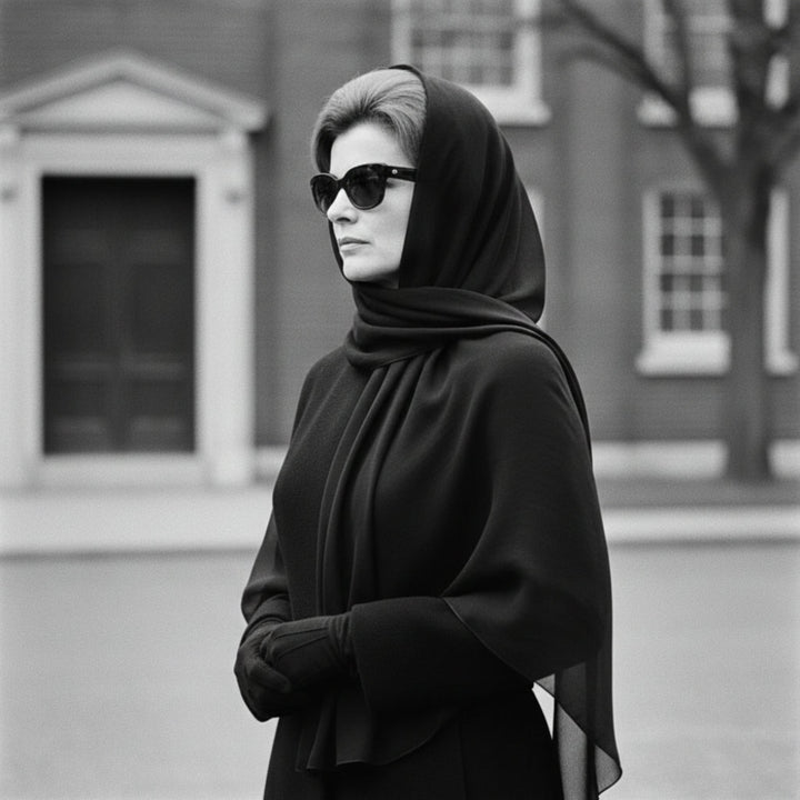 Black and white photo of a woman wearing a mourning scarf and sunglasses in front of a building.
