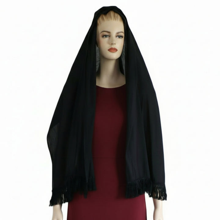 Victorian Fringed Silk Mourning Scarf, Antique Black Scarf Stole on mannequin.