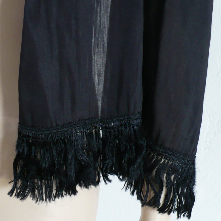 Victorian Fringed Silk Mourning Scarf, Antique Black Scarf Stole fringe details.