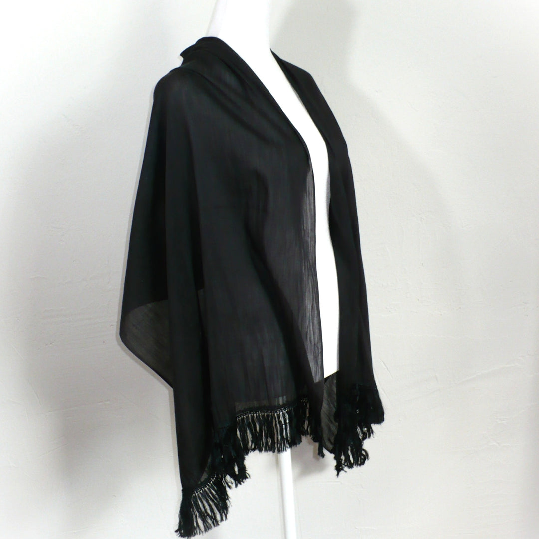 Victorian Fringed Silk Mourning Scarf, Antique Black Scarf Stole on dress form.