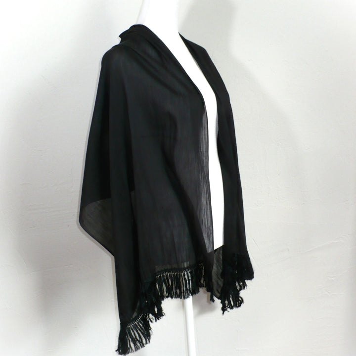 Victorian Fringed Silk Mourning Scarf, Antique Black Scarf Stole on dress form.