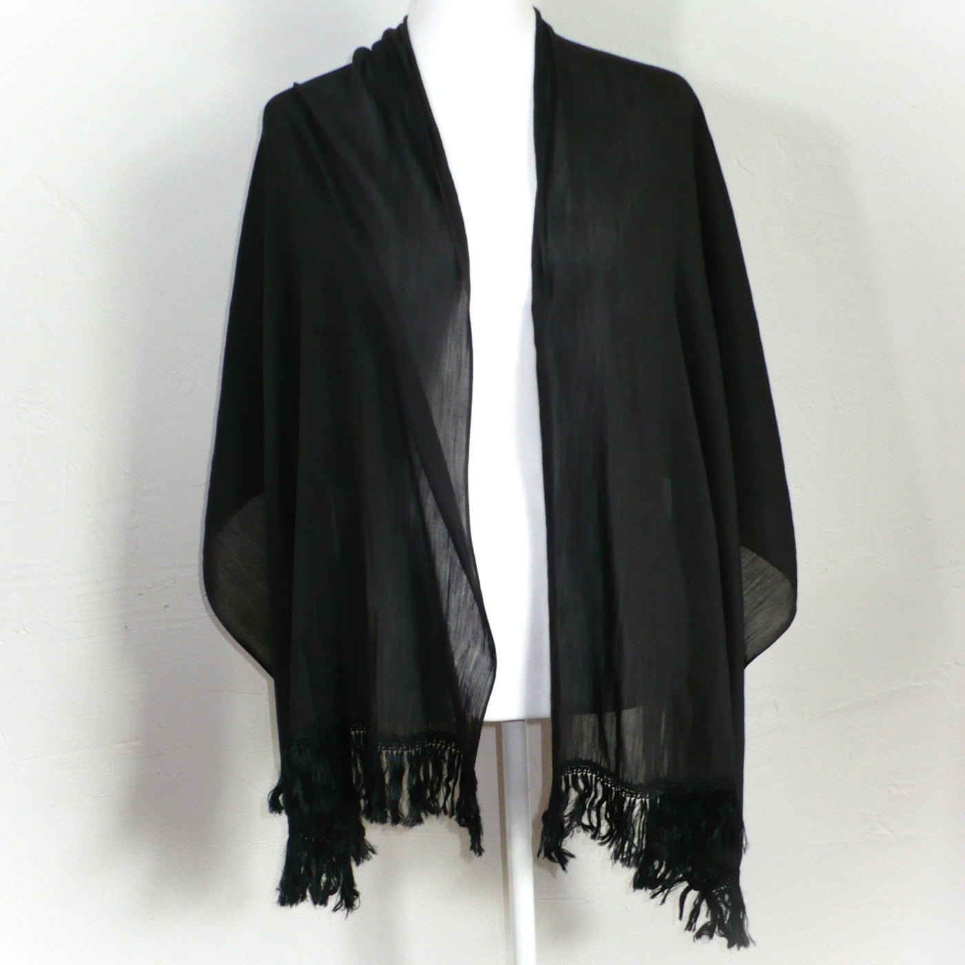 Victorian Mourning Scarf with Silk Fringe; Antique Black Scarf or