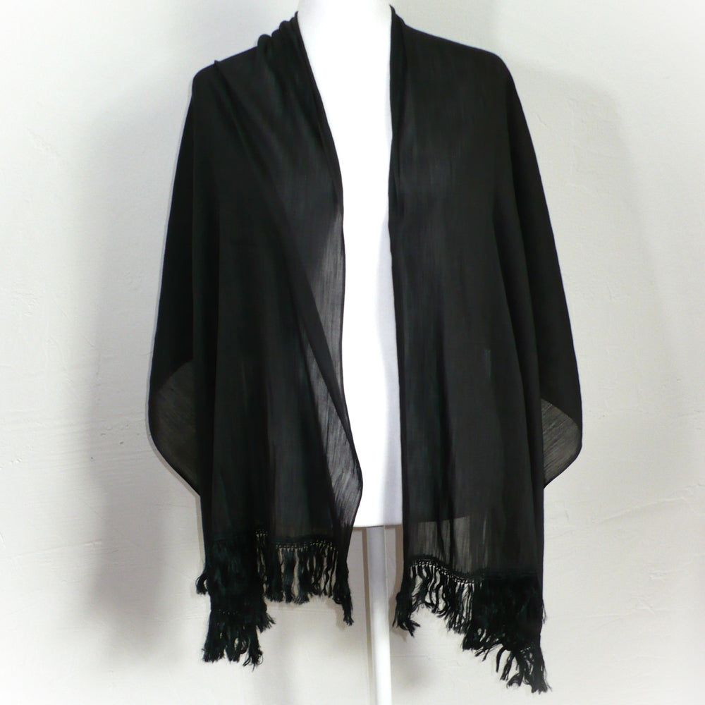 Victorian Fringed Silk Mourning Scarf, Antique Black Scarf Stole on dress form.