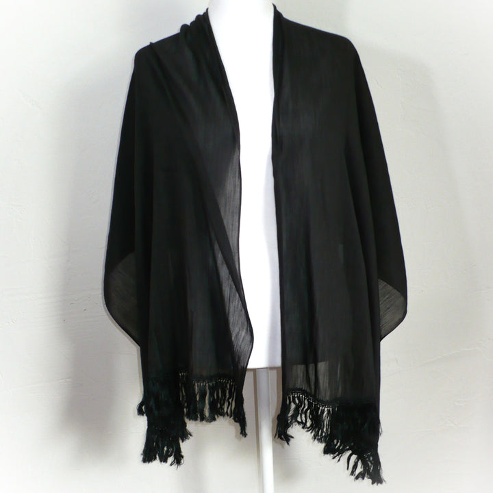 Victorian Fringed Silk Mourning Scarf, Antique Black Scarf Stole on dress form.