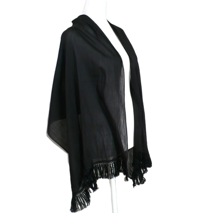 Victorian Fringed Silk Mourning Scarf, Antique Black Scarf Stole on dress form.