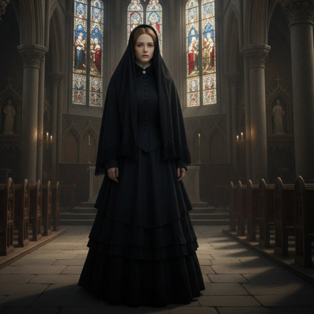 Woman in a Victorian Fringed Silk Mourning Scarf, Antique Black Scarf Stole and dress standing in a cathedral with stained glass windows