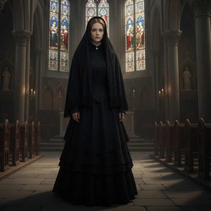Woman in a Victorian Fringed Silk Mourning Scarf, Antique Black Scarf Stole and dress standing in a cathedral with stained glass windows