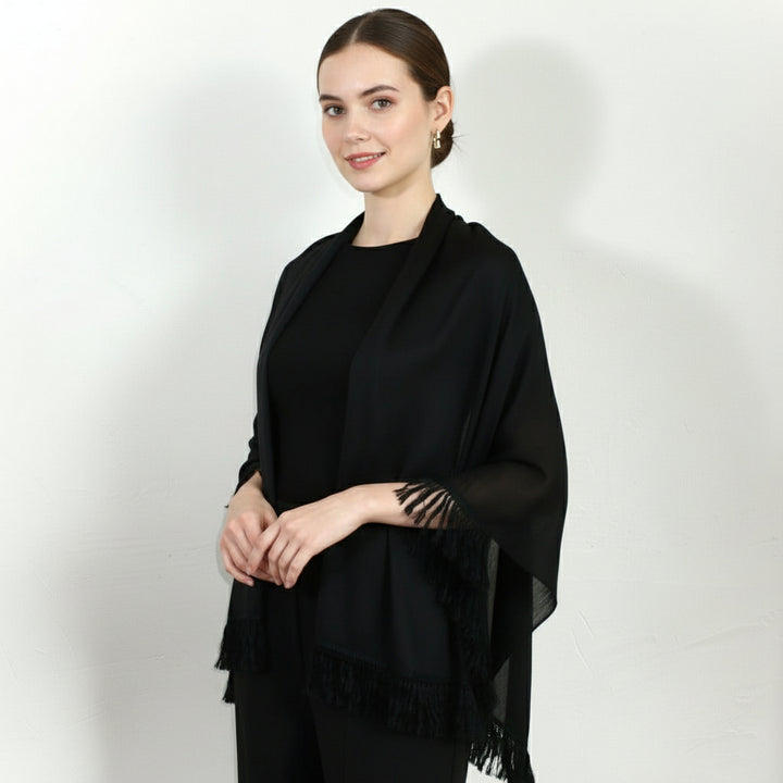 Victorian Fringed Silk Mourning Scarf, Antique Black Scarf Stole wrap on a woman.