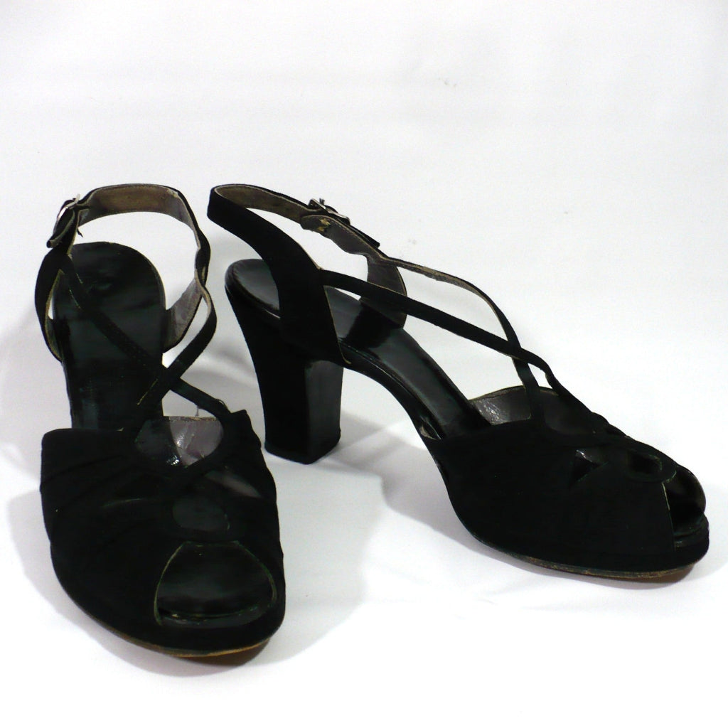 Vintage 1940s Black Victory Peep-Toe Heels, Ration-Era Collectible Women's Footwear, Shoes.