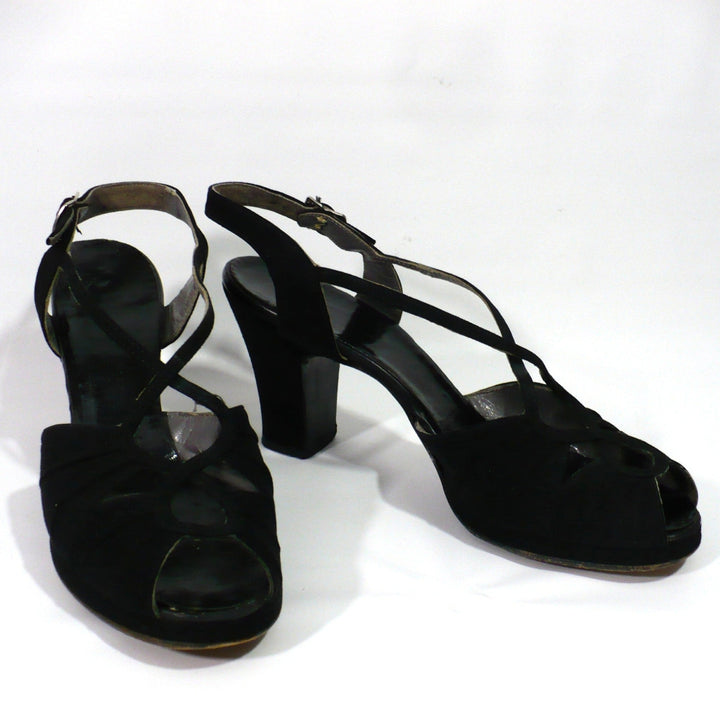 Vintage 1940s Black Victory Peep-Toe Heels, Ration-Era Collectible Women's Footwear, Shoes.