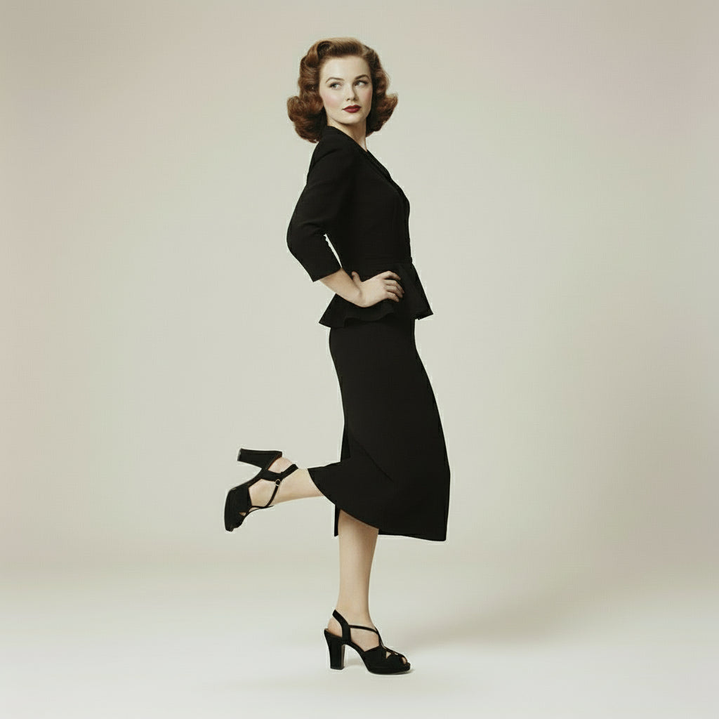 Vintage 1940s Black Victory Peep-Toe Heels, Ration-Era Collectible Footwear.