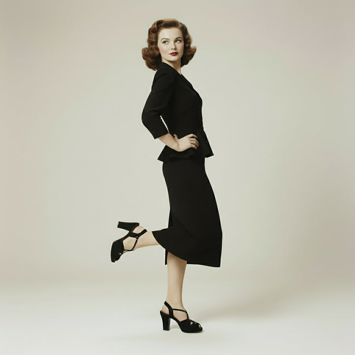 Vintage 1940s Black Victory Peep-Toe Heels, Ration-Era Collectible Footwear.