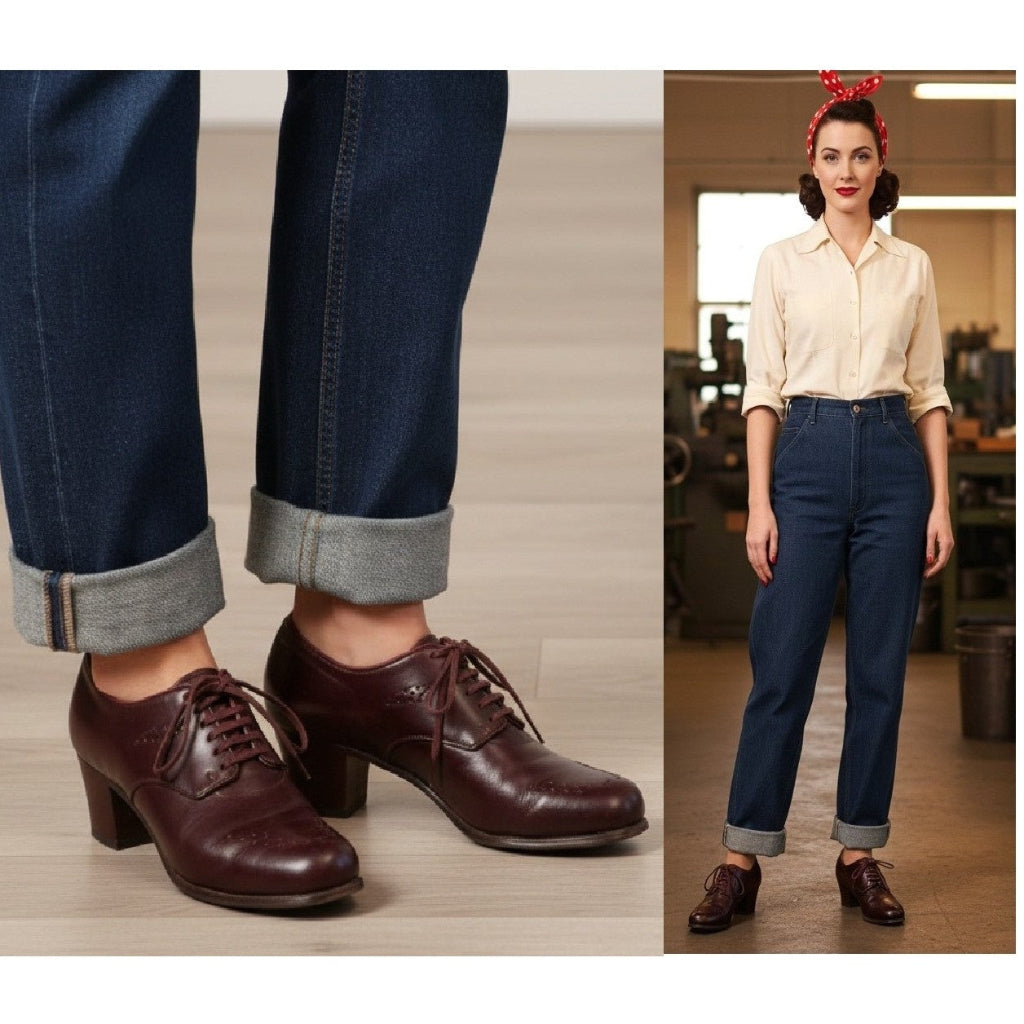 7A Vintage 1940s Women's Heeled Kid Leather Ghillie Oxfords, WW2 era worn with rolled-up jeans and a woman in a beige shirt and blue pants in a factory setting.