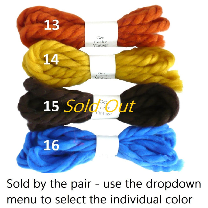 Four pair enumerated vintage yarn hair ties  13 through 816 and text at the bottom stating 'Sold by the pair - use the dropdown menu to select the individual color'.