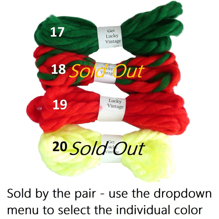 Four pair enumerated vintage yarn hair ties 17 through  and text at the bottom stating 'Sold by the pair - use the dropdown menu to select the individual color'.0