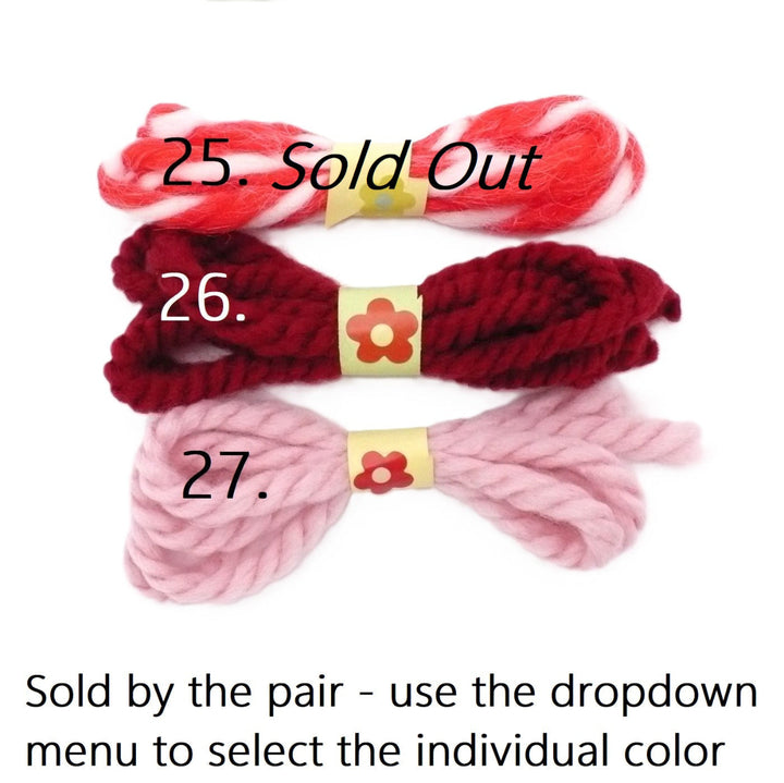 Three pair enumerated vintage yarn hair ties  25 through 27 and text at the bottom stating 'Sold by the pair - use the dropdown menu to select the individual color'.