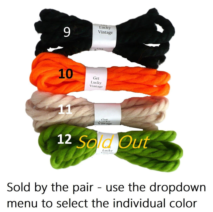Four pair enumerated vintage yarn hair ties  9 through 12 and text at the bottom stating 'Sold by the pair - use the dropdown menu to select the individual color'.