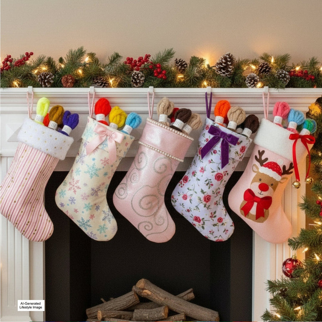 Five festive Christmas stockings hang from a white fireplace mantel decorated with a green pine garland, pinecones, and warm string lights. The stockings feature different patterns and designs, and are filled with vintage yarn hair ribbons peeking out the tops.