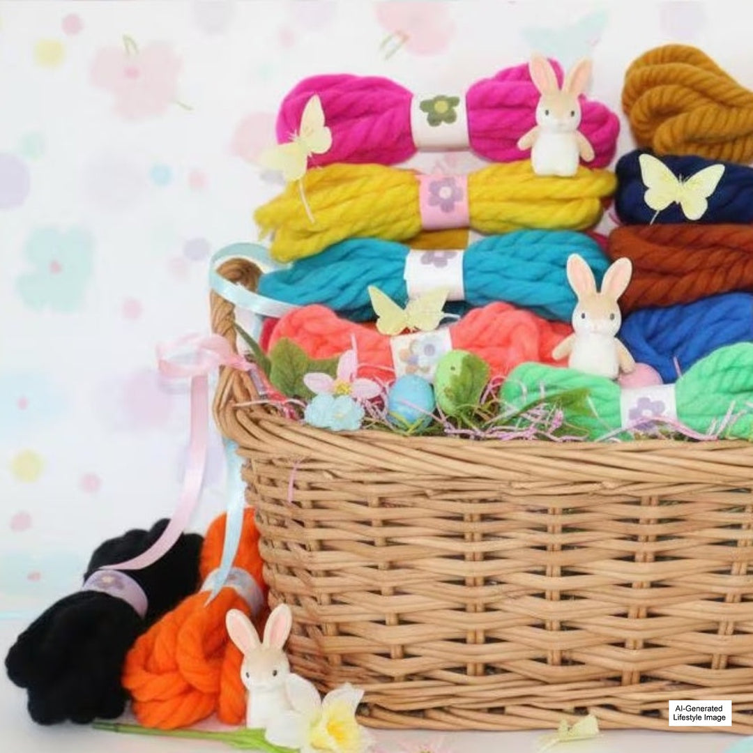 A wicker Easter  basket filled with colorful skeins of yarn, decorated with small white bunny figurines, pastel flowers, and ribbon. Colorful vintage yarn hair ribbons are in t he basket.