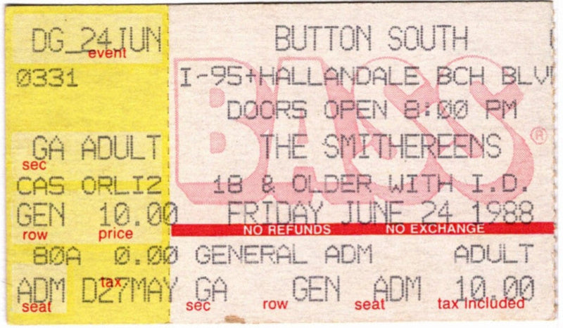 The Smithereens Green Thoughts 1988 Ticket Stub, front.