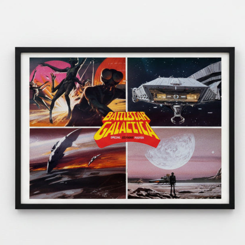 Framed poster of 'Battlestar Galactica' with space-themed artwork.