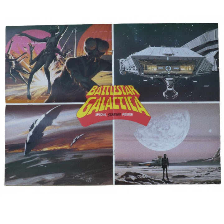 Four panel collage poster from a 'Battlestar Galactica' poster set featuring space-themed artwork.