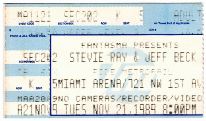 Stevie Ray Vaughn & Jeff Beck 1989 Ticket Stub, front.