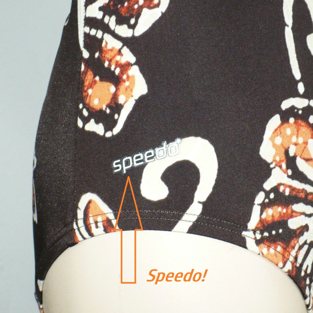 2004 Vintage Speedo Batik Babe Swimsuit Medium/10, showing SPEEDO logo on garment.