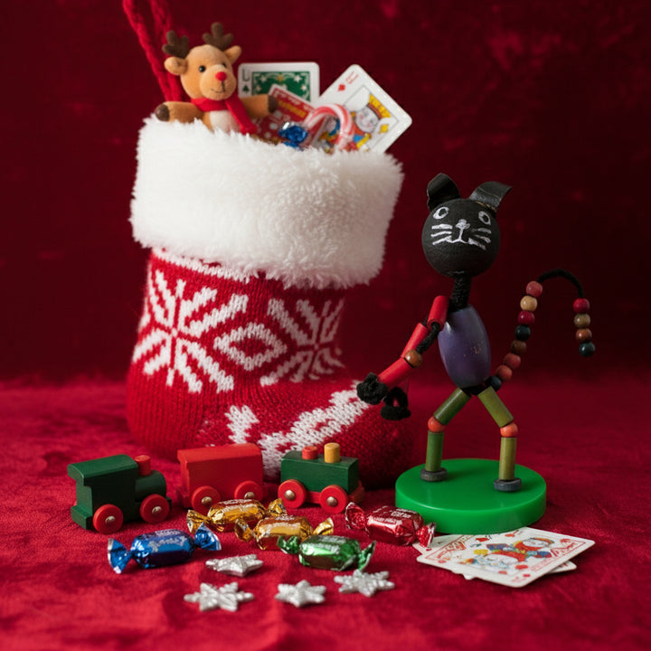 Colorful Christmas stocking with toys, candy, and a fcat igurine on a red background.