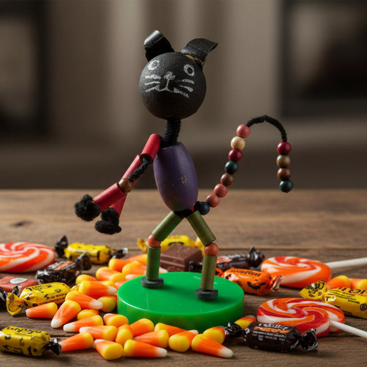 1960s Vintage Black Cat Bendy Doll, Walco Bead Pipe Cleaner Collectible Toy surrounded by Halloween candy on a wooden surface.