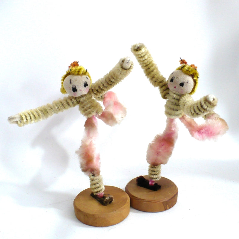 1950s Japan Ice Skater Dolls – Vintage Chenille Pipe Cleaner Bendy Dolls.