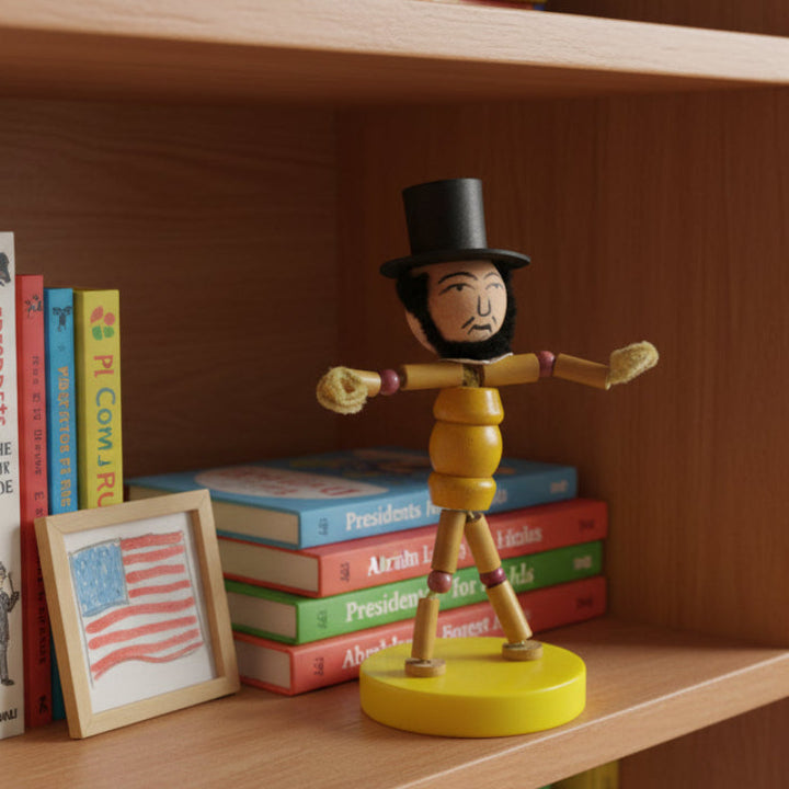 1960s Walco Pixie Puppets Abe Lincoln Doll – Vintage Pipe Cleaner Toy. Toy figure on a bookshelf with children's books and a small American flag