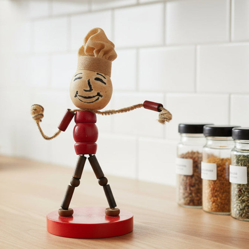 1960s Walco Pixie Puppets Chef Doll – Vintage Beaded Pipe Cleaner Toy figurine of a chef with a smiling face on a kitchen counter with jars of spices.