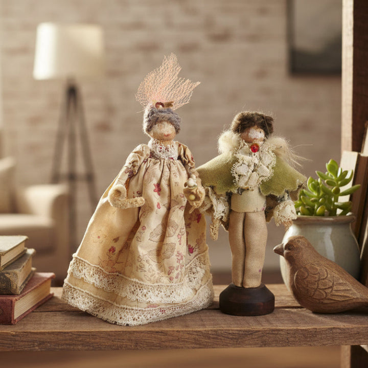 1970s Marie Antoinette and Louis XIV  Folk Art  Clothespin Dolls on shelf.