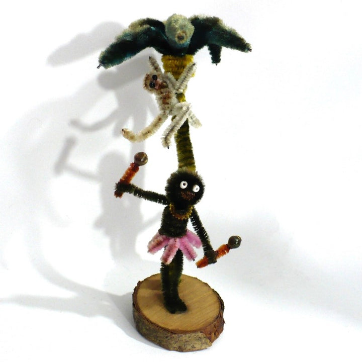 Vintage Tiki Pipe Cleaner Doll – Caribbean Maracas Musician, Monkey, Palm Tree.