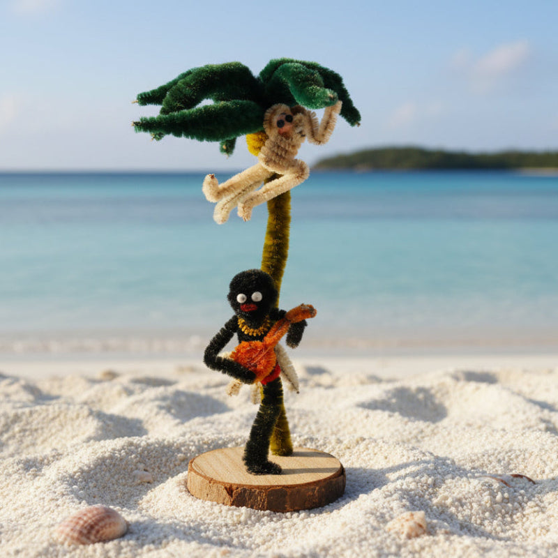 Vintage Tiki Pipe Cleaner Doll. Caribbean Banjo Musician, Monkey, Palm Tree. with a beach background.
