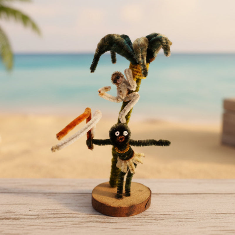 Vintage Tiki Pipe Cleaner Doll. Caribbean Dancer, Monkey, Palm Tree.