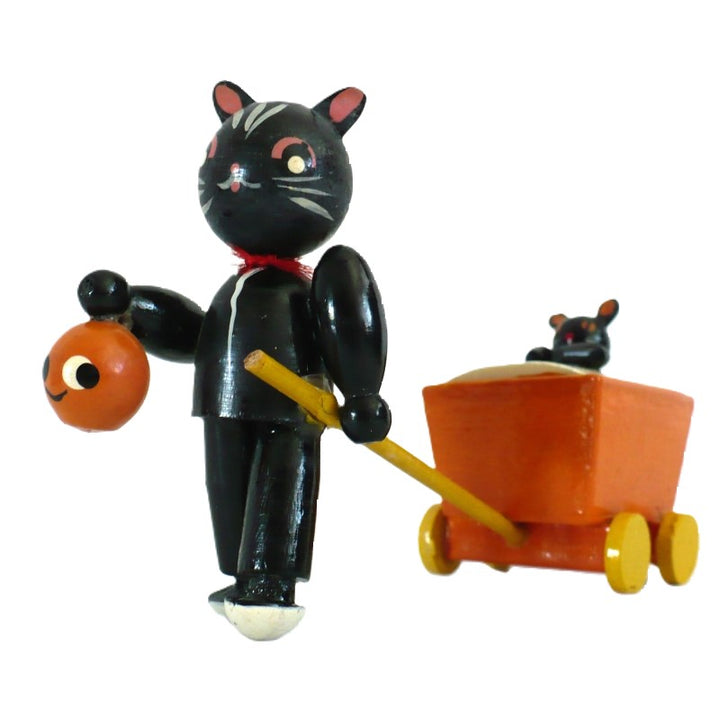 Black cat toy with a mouse in an orange cart on a white background