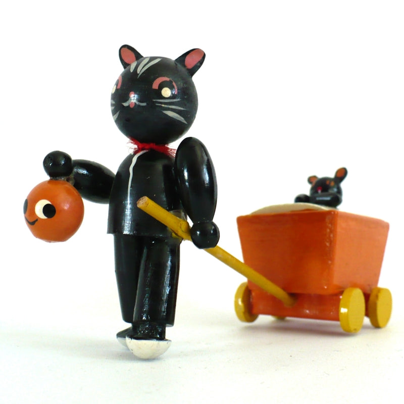 1980s Vintage Halloween Wood Black Cat & Kitten in Cart