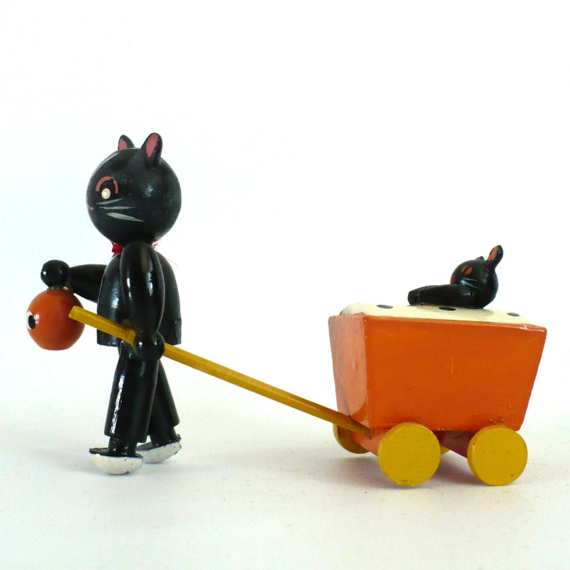 1980s Vintage Halloween Wood Black Cat & Kitten in Cart