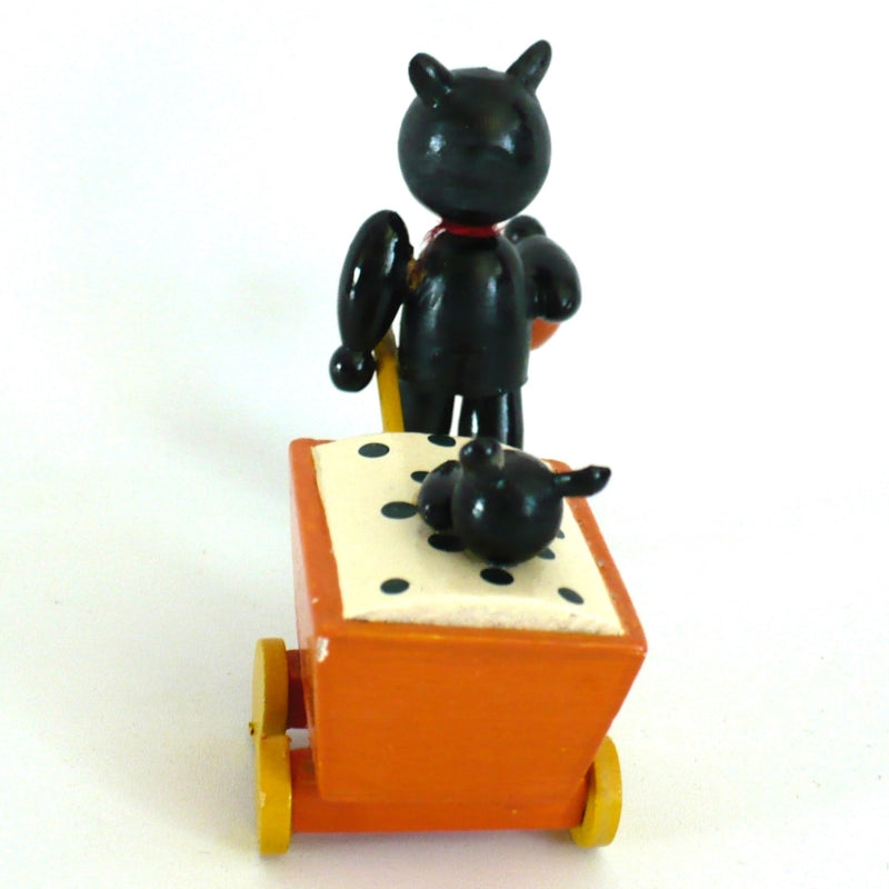 1980s Vintage Halloween Wood Black Cat & Kitten in Cart