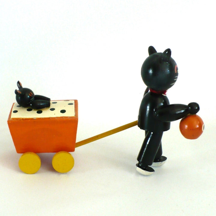 1980s Vintage Halloween Wood Black Cat & Kitten in Cart